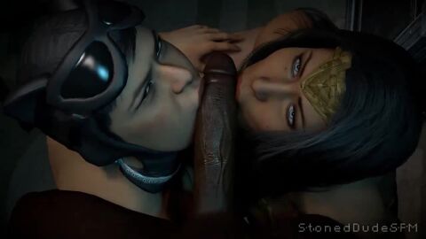 10s 1girls 2girls 3d animated anonymous_male catwoman dark-skinned_male diana_prince fellatio interracial looking_at_viewer selina_kyle stoneddude sucking_penis tagme video wonder_woman