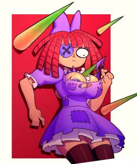 2d breasts button_nipples canonical_scene doll dress female glitch_productions large_boobs nipples purple_eyes ragatha ragatha_(the_amazing_digital_circus) red_hair ripped_clothing solo spikes sqwunx_(artist) surprised the_amazing_digital_circus thighhighs