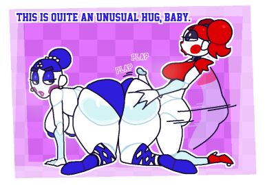 1futa 1girls 2d all_fours ass baby_(fnafsl) back back_view ballora ballora_(fnafsl) balls blue_eyes bottomless breasts circus_baby circus_baby_(fnaf) clothed clothing crushtrap dialogue duo erection female five_nights_at_freddy's five_nights_at_freddy's:_sister_location futa_on_female futanari huge_ass humanoid humanoid_penis humping incest intersex looking_back mostly_nude mother_and_daughter nipple_suspension_bikini outercourse partially_clothed penis text thick_thighs wide_hips