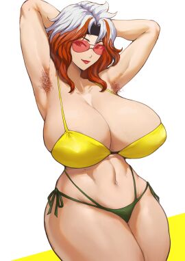 1girls anna_marie armpit_hair armpits arms_up batako bikini breasts breasts_bigger_than_head female female_only headband marvel marvel_comics pubic_hair_peek red-tinted_eyewear red_hair rogue_(x-men) solo sunglasses swimsuit tagme tinted_eyewear two-tone_hair white_hair white_streak x-men