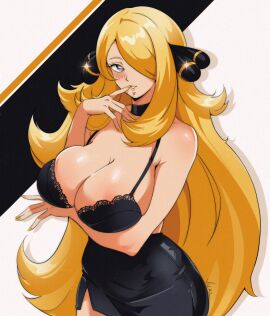 1girls 2024 arm_under_breasts big_breasts black_dress blonde_hair blush breasts cleavage cynthia_(pokemon) dress female female_only finger_to_mouth game_freak hair_over_one_eye hi_res long_hair looking_at_viewer nintendo pokemon pokemon_dppt smiling smiling_at_viewer solo vizaz yellow_nail_polish
