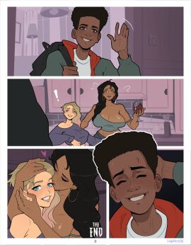1boy 2024 2girls age_difference big_breasts black_hair blonde_hair blue_eyes blush blushing breasts brown_eyes cheating comic crop_top dark-skinned_female dark-skinned_male dark_skin excited eyebrow_piercing female glass gwen_stacy heart_symbol hornyx kissing lesbian light-skinned_female light_skin male marvel marvel_comics medium_breasts miles_morales motherly_cuckold ntr page_8 petite rio_morales rio_morales_(spider-verse) slim_waist spider-gwen spider-man spider-man:_into_the_spider-verse sweatdrop sweating tagme the_end wine_glass