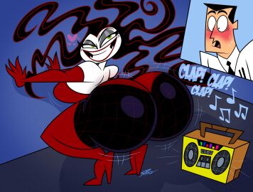 1boy 1girls ass ass_clapping big_ass big_breasts bottom_heavy breasts bubble_ass bubble_butt clapping_cheeks clothing fat_ass female gold_boombox_(prevence) huge_ass large_ass looking_back male png powerpuff_girls professor_utonium samperez scientist sedusa showing_off smile smug thick_ass thick_thighs twerking villainess wide_hips
