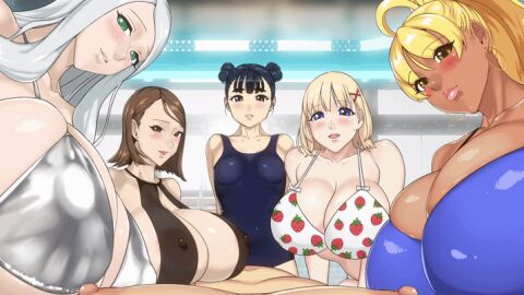 5girls animated apostle_(game) apostle_2 apostle_rebellion big_breasts blonde_hair blue_bikini brown-haired_female brown_hair cleavage hair_ornament kamichichi kamichichi_(artist) looking_at_viewer nipples one-piece_swimsuit pov sliver_bikini strawberry_print swimming_pool swimsuit swimwear tan_body tan_skin tanned tanned_body tanned_female tanned_girl tanned_skin white_hair white_hair_female