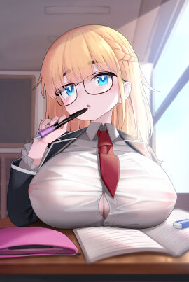 1girls big_breasts blonde_hair blue_eyes breasts breasts_on_table classroom female female_focus glasses huge_breasts kinnomokon nipples nipples_visible_through_clothing no_bra pink_nipples pov school_uniform schoolgirl thick_eyebrows
