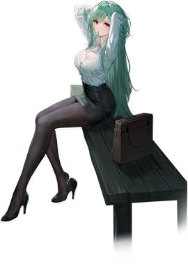 adjusting_hair alternate_costume arms_behind_head arms_up azur_lane bag bench black_background black_footwear black_pantyhose black_skirt blush bra bra_visible_through_clothes breasts button_gap cg cleavage collared_shirt dress_shirt female full_body green_hair hair_tie_in_mouth high_heels large_breasts legs littorio_(azur_lane) littorio_(sitting_in_the_rain)_(azur_lane) long_hair long_sleeves looking_at_viewer miniskirt mouth_hold official_alternate_costume official_art on_bench pantyhose pencil_skirt red_eyes see-through shirt shirt_tucked_in sitting skirt solo transparent_background tying_hair underwear very_long_hair wet wet_clothes wet_shirt white_shirt