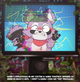 absurd_res ambiguous_gender anthro blush clenched_teeth countershading crotch_blush dipstick_limbs electronics emanata facial_markings head_markings hi_res indigo_park kerchief kerchief_only mammal markings mask_(marking) mostly_nude neckerchief neckerchief_only procyonid raccoon rambley_raccoon salamikii solo tail teeth television white_body white_countershading