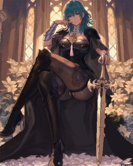 1girls armor armored_female blue_eyes breasts byleth_(fire_emblem) byleth_(fire_emblem)_(female) cameltoe clothed clothing crossed_legs emotionless expressionless female fire_emblem fire_emblem:_three_houses flower flowers hourglass_figure itzah lace_trim lace_trimmed_thighhighs large_breasts long_hair looking_at_viewer nintendo painted_nails patreon_username petals pixel_art pussy sitting solo solo_female solo_focus sword teal_hair thick_thighs wide_hips windows