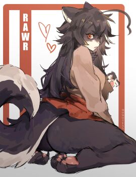 1girls animal_ears ass barefoot black_hair breasts brown_hair feet female from_behind furry heart large_breasts long_hair looking_at_viewer looking_back momotexx_(artist) momotexx_(vtuber) nipples orange_eyes pussy red_eyes rkgk sitting soles solo striped striped_background tail toes virtual_youtuber vtuber vyugen wolf_ears wolf_girl wolf_tail