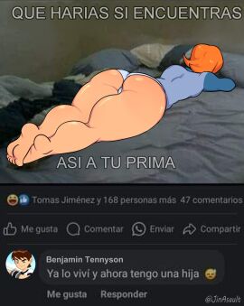 1girls ass barefoot ben_10 big_ass español female gwen_tennyson implied_incest implied_sex jinasault laying_down laying_on_bed panties red_head spanish_text text