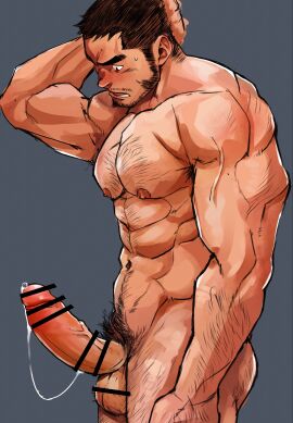 1boy abs arm_hair armpit_hair balls bara big_balls big_muscles big_nipples big_pecs big_penis blush brown_hair censor_bar censored chest_hair daddy dilf erection gay hair hairy hairy_balls hairy_male happy_trail human hunk leg_hair male male_only muscles muscular muscular_human muscular_male navel nipples nude pecs penis pubic_hair solo suamaru0808 sweat yaoi