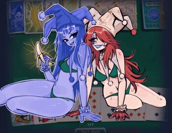 balatro banana blueprint blueprint_(balatro) brainstorm brainstorm_(balatro) clown clown_girl female jester megrocks yuri