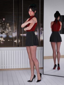 1girls 2024 3d alternate_version_available back_view black_hair black_high_heels black_skirt blush breasts clothed clothing depth_of_field earrings female female_only flapsky freckles_on_face high_heels indoors looking_at_viewer medium_breasts mirror night original_character red_bottom_heels side_view skirt solo solo_female sophie_(flapsky) standing teal_nail_polish teal_nails window