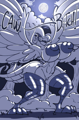 absurd_res after_transformation anthro areola avian beak big_breasts bird breasts closed_eyes detailed_background dialogue fangs feathers female genitals hi_res moon navel night nipples non-mammal_breasts non-mammal_nipples nude plant post-transformation pussy raised_arms reina_(sachasketchy) sachasketchy shadow sharp_teeth shrub simple_coloring solo tail tail_feathers teeth toucan transformation tree were wereavian wide_hips winged_arms wings