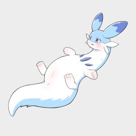 1:1 2024 anus blue_body blue_eyes blue_fur blue_markings blush bodily_fluids cheek_tuft chillet digital_media_(artwork) dipstick_ears ear_markings embarrassed facial_tuft female feral front_view fur genitals hi_res kom_jis long_body lying mammal markings multicolored_body multicolored_ears multicolored_fur mustelid on_back open_mouth pal_(species) palworld pink_blush pocketpair pussy simple_background solo sweat tail tears tuft two-tone_body two-tone_fur