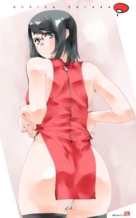 1girls absurd_res absurdres ass ass_focus bare_arms bare_ass bare_shoulders bare_thighs big_ass big_butt black_hair black_legwear blue_eyes boruto:_naruto_next_generations chinese_clothes chinese_dress cute dress dress_lift dress_pull english_text female female_focus female_only glasses hi_res high_resolution highres hips hourglass_figure legwear light-skinned_female light_skin looking_at_viewer looking_back mike156 naruto naruto_(series) pale-skinned_female pale_skin panties pinup presenting_ass presenting_butt sarada_uchiha short_dress shounen_jump shueisha skimpy skimpy_clothes sleeveless sleeveless_dress solo solo_female solo_focus teenage_female teenager text thighhighs thong tomboy uchiha_sarada uchiha_symbol underwear very_high_resolution weekly_shonen_jump white_panties white_thong white_underwear wide_hips