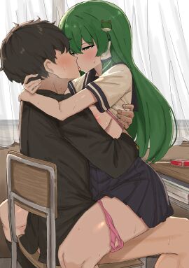 1boy 1girls absurd_res absurdres areola_slip aroused black_hair blue_skirt blush bodsur breasts breasts_out chair classroom clothed_sex clothes_lift condom_box cowgirl_position curtains desk faceless faceless_male female french_kiss frog_hair_ornament gakuran green_eyes green_hair hair_ornament hair_tubes half-closed_eyes happy_sex heart heart-shaped_pupils heavy_breathing hi_res highres hug implied_penetration indoors kissing kissing_while_penetrated kochiya_sanae kumiyabe light-skinned_female light_skin long_hair looking_pleasured male no_panties panties panties_around_one_leg pink_panties pleated_skirt public public_indecency pussy sanae_kochiya school_chair school_desk school_uniform sex shirt shirt_lift short_hair sitting skirt straddling straight symbol-shaped_pupils teenage_female teenager tongue touhou underwear upright_straddle vaginal_penetration white_shirt