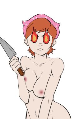 1girls 2d 2d_(artwork) 2d_artwork areola arms_around_breasts big_breasts breasts cooking_mama female fire_eyes headgear kitchen_knife kitchen_utensils knife large_breasts mama_(cooking_mama) mature mature_female milf nipples pink_areola pink_nipples quroh_art red_hair
