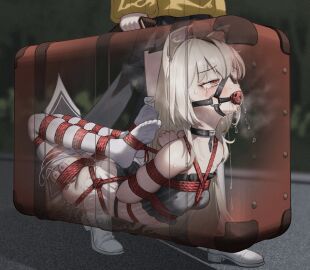 2girls absurdres animal_ears arched_back arms_tied_behind_back ball_gag bdsm black_collar black_panties blonde_hair bondage bondage_gear boots bound box breasts choker collar crying_with_eyes_open drooling egg_vibrator female female_only femdom femsub full_body gag gag_harness gagged harness_gag highres hogtie in_box in_container lezdom light-skinned_female light_skin lingerie long_hair miniskirt multiple_females multiple_girls no_shoes original outdoors petite pleated_skirt red_eyes red_rope remiliacn remiliacn_(pixiv_13839440) remote_control_vibrator sex_toy shibari shibari_over_clothes skindentation skirt small_breasts socks stockings suitcase suitcase_bondage thighhighs tied tied_up vibrator white_thighhighs wiffle_gag x-ray x-ray_view yuri