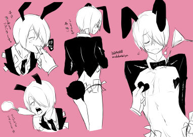 2boys blush bunny_ears bunny_tail bunnysuit carrot dilf embarrassed femboy femboy_dilf gay gegege_no_kitarou hair_over_one_eye heart_pasties kitarou_tanjou_gegege_no_nazo male male_only male_playboy_bunny medama_oyaji_(human) mokkaseiya money money_in_underwear money_under_clothes monochrome open_mouth pasties pink_background reverse_bunnysuit solo_focus tongue tongue_out yaoi