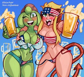 2girls 4th_of_july alcohol american_flag_bikini anne_(boxx_wrench) bandana beer big_breasts blonde_hair blush boxx_wrench breasts color colored digital_drawing_(artwork) drunk drupy female green-skinned_female groping holding_glass holding_mug huge_breasts light-skinned_female light_skin looking_at_viewer open_mouth original original_character original_characters pointy_ears smile tail wink winking_at_viewer