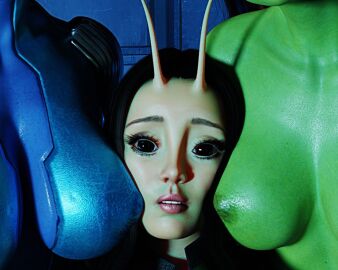 3d 3girls alien alien_girl antennae blue_skin breasts female gamora green_skin hood_nsfw mantis_(marvel) marvel marvel_comics nebula_(marvel) nipples squished_between_breasts yuri