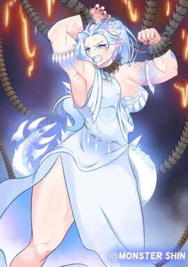 1girls 2d angry big_breasts blue_eyes blue_hair breasts chains clawed_fingers cleavage female glowing_crystal godzilla_(series) godzilla_x_kong:_the_new_empire huge_breasts humanization humanized kaiju kaiju_girl king_kong_(series) lava mad monster_girl monster_shin monsterverse muscular sharp_teeth shimo_(kaiju) sweat sweatdrop sweating sweaty tail tattoo thick_thighs