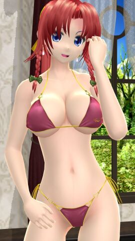 1girls 2023 3d belly_button bikini blue_eyes blue_sky breasts cleavage clouds curtains curtains_open earrings female green_bowtie hati_yukkuri_mmd hong_meiling indoors light-skinned_female light_skin looking_at_viewer mansion mmd one_arm_up open_mouth red-haired_female red_bikini sky solo_female solo_focus swimsuit tied_hair touhou trees window yellow_ribbon youkai