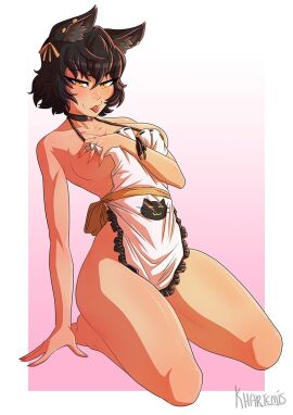 1girls :3p alternate_version_available animal_ears apron apron_only black_hair breasts cat_ears female female_only hair hand_on_breast kali_belladonna khartemis legwear_removed mature mature_female milf mother naked_apron no_legwear rwby smug solo solo_female thighhighs_removed thighs tongue tongue_out white_apron yellow_eyes