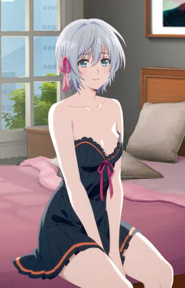 bare_shoulders black_dress breasts cleavage female jaku-chara_tomozaki-kun kikuchi_fuuka looking_at_viewer silver_hair