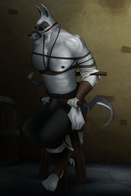 2023 anthro arm_wrapping arm_wraps arms_tied aroused bondage bottomwear bound brick_wall bulge canid canine canis cheek_tuft clothed clothing death_(puss_in_boots) dreamworks duct_tape erection erection_under_clothing facial_markings facial_tuft floor fur furniture fuzzy gag gagged grey_body grey_fur half-closed_eyes head_markings hi_res inside leg_wrap leg_wraps legs_tied legs_together male male_only mammal markings mask_(marking) muscular muscular_anthro muscular_male muzzle_(object) muzzled narrowed_eyes neck_tuft nipples pants pecs prick_ears puss_in_boots_(dreamworks) puss_in_boots_(film) puss_in_boots_the_last_wish red_eyes restrained restraints rope rope_bondage rope_harness scootscahoots shrek_(series) sickle sitting solo stool tape tape_gag tied_muzzle tied_to_weapon topless tuft wall_(structure) wolf wrapped_arms wrapped_legs wraps wrists_tied