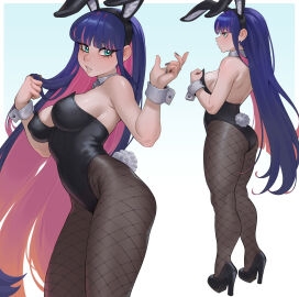 1girls animal_ears aqua_eyes ass back bare_shoulders black_bunnysuit black_nails black_pantyhose black_shoes blue_eyes blunt_bangs blush breasts bunny_ears bunny_girl bunny_tail bunnysuit cheshirrr commentary detached_collar earrings english_commentary fake_animal_ears female fishnet_pantyhose fishnets high_heels highres jewelry large_breasts leotard long_hair looking_at_viewer mixed-language_commentary multicolored_hair multiple_views nail_polish painted_nails panty_&_stocking_with_garterbelt pantyhose parted_lips pink_hair playboy_bunny purple_hair rabbit_ears rabbit_tail shoes sideboob stocking_anarchy tail two-tone_hair very_long_hair wrist_cuffs