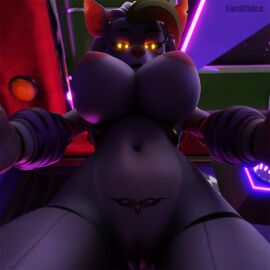 1:1 3d animatronic anthro black_nose breasts canid canine canis digital_media_(artwork) female first_person_view five_nights_at_freddy's five_nights_at_freddy's:_security_breach genitals glowing glowing_eyes green_hair hair living_machine looking_at_viewer lordchica_(artist) low-angle_view machine mammal markings pussy robot roxanne_wolf_(fnaf) roxanne_wolf_(mayosplash) scottgames solo steel_wool_studios synthetic wolf yellow_eyes