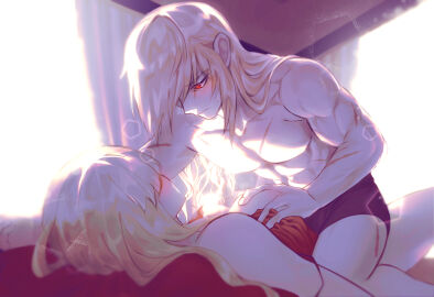 1boy 1girls big_breasts black_male_underwear blush breast_grab breasts closed_mouth colored_skin female funamusea grabbing_breasts large_breasts long_hair makkoeda_(artist) male male_on_top male_underwear muscular muscular_male olive_(funamusea) red_eyes red_shirt scar scars scars_all_over shirt_lift short_hair straight sweatdrop taffy_(funamusea) underwear white_skin