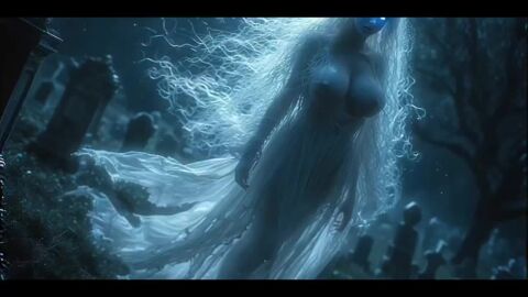 1boy 1girls ai-created ai_assisted ai_generated big_ass big_breasts blue_eyes cemetery dress fantasy fantasyanim flying ghost ghost_girl longer_than_10_seconds monster_girl moon tagme video white_hair wraith