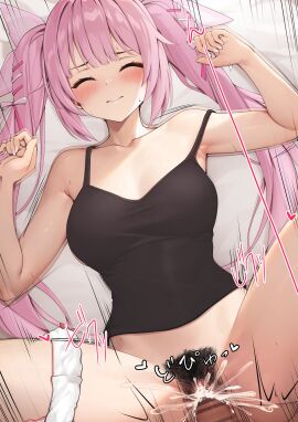 1boy absurdres aogiri_koukou bar_censor bed_sheet big_breasts black_camisole black_pubic_hair bottomless breasts camisole censored chiyoura_chiyomi closed_mouth collarbone commentary_request female female_pubic_hair hair_ribbon highres large_breasts long_hair looking_at_viewer lying male mismatched_pubic_hair motion_lines on_back one_eye_closed otokucha panties panties_around_one_leg penis pink_eyes pink_hair pink_nails pink_ribbon pubic_hair pussy ribbon sex solo_focus spread_legs sweatdrop thighs translation_request twintails underwear vaginal_penetration virtual_youtuber white_panties