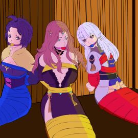 3girls alternate_costume arms_behind_back ball_gag bangs bare_shoulders bernadetta_von_varley bondage bound bound_wrists breasts brown_hair captured center_opening choker cleavage cornelia_arnim female female_only femsub fire_emblem fire_emblem:_three_houses fire_emblem_warriors:_three_hopes front_ponytail frown gag gagged green_eyes large_breasts looking_back lysithea_von_ordelia medium_breasts mogobdsm multiple_females multiple_girls nintendo official_alternate_costume official_alternate_hairstyle pink_eyes purple_hair restrained shoulders side_slit small_breasts story_at_source