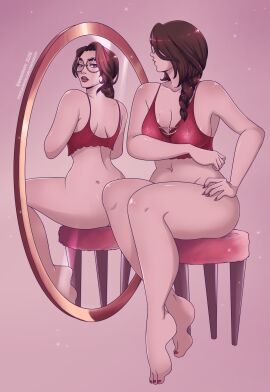 1girls barefoot big_breasts bottomless braided_ponytail breasts brown_hair cleavage commission female glasses hi_res legs lipstick long_fingernails mirror nail_polish original ravenemore reflection round_glasses sitting solo stool toenail_polish