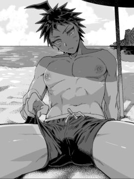 clothed clothing danganronpa danganronpa_2:_goodbye_despair drfav hinata_hajime male male_focus male_only monochrome nipples partially_clothed pecs pectorals shirtless shirtless_male solo solo_focus solo_male tan_body tan_line tan_lines tan_skin tanline tanline_peek tanlines uurin