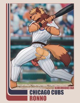 2024 action_pose anthro artist_name ass backsack balls ballsack barefoot baseball_(sport) baseball_bat baseball_card baseball_uniform bat_(object) big_ass big_butt big_penis bodily_fluids bottomwear card character_name chicago_cubs claws clothing english_text eyebrows feet fur genital_fluids genitals glans hair hi_res holding_object humanoid_genitalia humanoid_penis hyena kimemoonstar male male_only mammal mlb muscular muscular_anthro muscular_male narrowed_eyes oblivious pants penis perineum pose precum precum_squirt ronnoyeen shirt side_view smile solo sport sportswear standing text topwear torn_bottomwear torn_clothing torn_pants tuft uniform wardrobe_malfunction