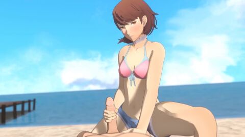 1boy 1girls animated beach bikini_top blush breasts brown_hair clothed_female_nude_male daisy_dukes female front-tie_bikini handjob jiggling_breasts lazyprocrastinator makoto_yuki male outdoors penis persona persona_3 short_hair shorter_than_30_seconds sound swimsuit tagme thighs video yukari_takeba