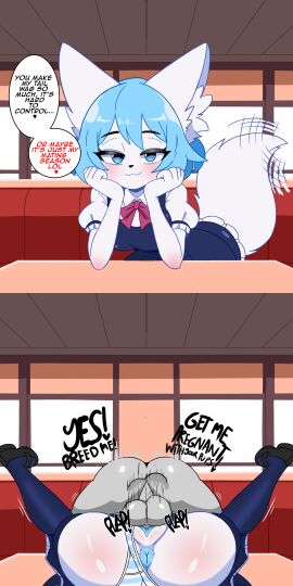 1boy 1girls :3 animal_ears anon anthro anus ass balls blue_eyes blue_hair breasts date female furry_female human_on_anthro impregnation_request indie_virtual_youtuber indoors instant_loss instant_loss_2koma interspecies looking_at_viewer male mating_press medium_breasts on_table pussy restaurant self_upload sex smile tagme tail unepicroachy vaginal_penetration virtual_youtuber white_fur wolf_ears wolf_girl wolf_tail wolfychu youtube