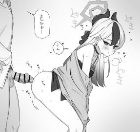 1boy balls bar_censor bare_shoulders bent_over blue_archive blush bright_pupils censored choker dress ear_blush ear_piercing erection female from_side greyscale hair_between_eyes halo highres horns jacket kayoko_(blue_archive) kayoko_(dress)_(blue_archive) long_hair male monochrome multicolored_hair parted_lips penis piercing shioya_(mokuu_) simple_background sleeveless sleeveless_dress solo_focus speech_bubble standing straight testicles translation_request two-tone_hair