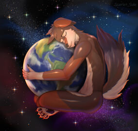 1boy 2024 anthro ass brown_fur canine claws closed_eyes digital_media_(artwork) dog_ears ear earth femboy fur furry hair hugging male male_only multicolored_fur multicolored_tail paws planet scarlet_side skinny sky space stars tail white_fur