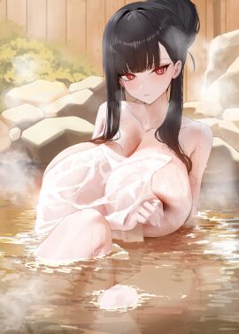 bare_arms bare_shoulders black_hair blue_archive blush breasts cleavage covered_nipples highres huge_breasts large_breasts partially_submerged red_eyes rio_(blue_archive) towel water xiujia_yihuizi