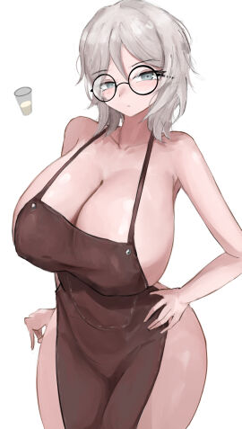 1girls 2d 2d_(artwork) 2d_artwork apron_only background blue_eyes blush breasts breasts_bigger_than_head busty cleavage eyebrows_visible_through_hair eyewear faust_(limbus_company) female female_only glasses hand_on_hip huge_breasts limbus_company looking_at_viewer naked_apron neutral_expression nude_apron project_moon short_hair solo thick_thighs white_background white_hair wide_hips www1_(artist)