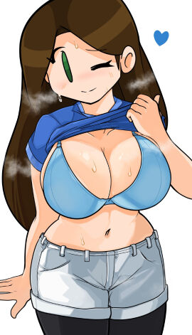 aroused blue_bra blush breasts brickshoes closed_mouth female flashing flashing_breasts heart huge_breasts original original_character presenting_breasts shadowleggy shirt_lift smile someone_else's_oc steam sweat sweaty very_sweaty