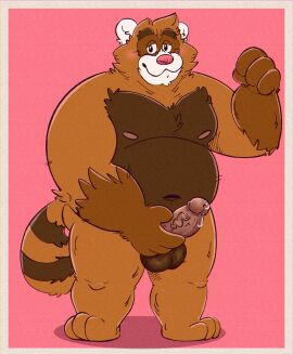 06betos11 2024 anthro balls belly blush brown_body brown_fur canid canine erection fur genitals hi_res male male_only mammal moobs navel nipples overweight overweight_male penis pink_nose raccoon_dog simple_background solo tanuki
