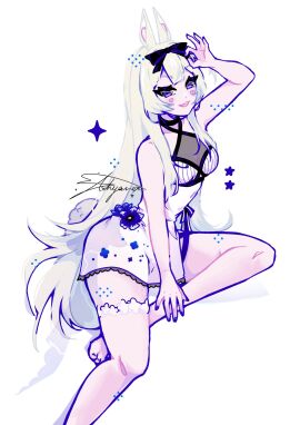 1girls arm_up artist_name bangs bare_arms bare_shoulders barefoot blonde_hair blue_eyes blush breasts bunny_ears bunny_girl dress female full_body halo hand_up long_hair looking_at_viewer nail_polish purple_eyes signature sitting sleeveless small_breasts smile solo striped thighhighs tongue tongue_out very_long_hair virtual_youtuber vyugen white_background white_dress white_hair yenko