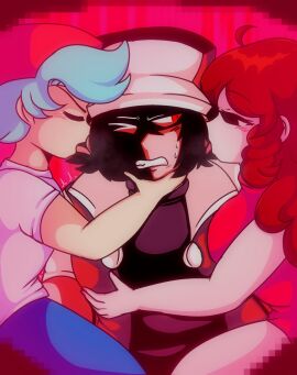 1girls 2boys ahoge auburn_hair big_breasts bisexual_panic black_eyes blush boyfriend_(friday_night_funkin) breasts breath breath_cloud brown_hair closed_eyes clothing cyan_hair ear female friday_night_funkin friday_night_funkin_lullaby girlfriend_(friday_night_funkin) glitchy_red hand_on_breast hand_on_chest holding_head hypnos_lullaby licking licking_ear male nail_polish naughtyrose one_eye_closed red_eyes sitting_on_person size_difference small_dom_big_sub steam suggestive sweat sweatdrop teasing tongue tongue_out twitch_lines